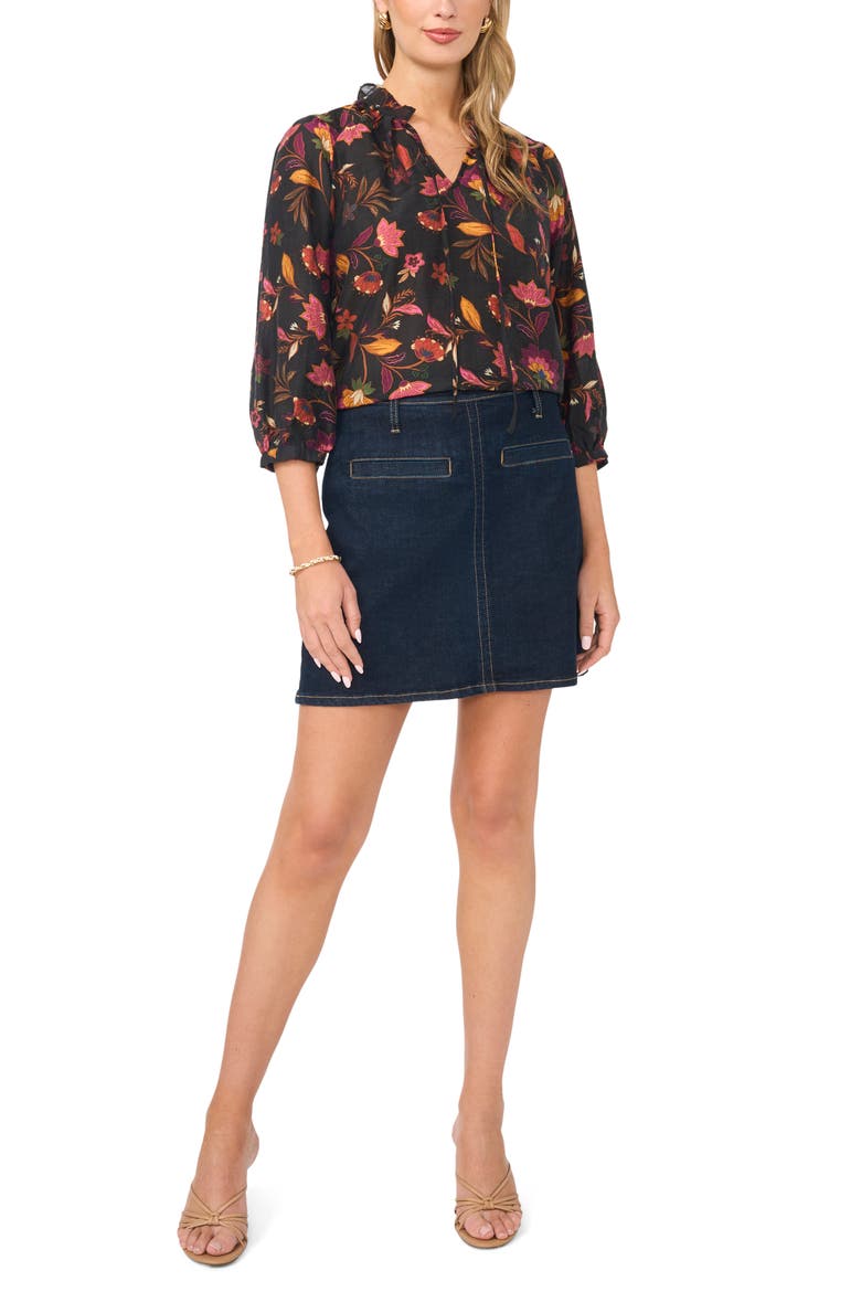 Floral Tie Neck Cotton Top, Alternate, color, RICH BLACK
