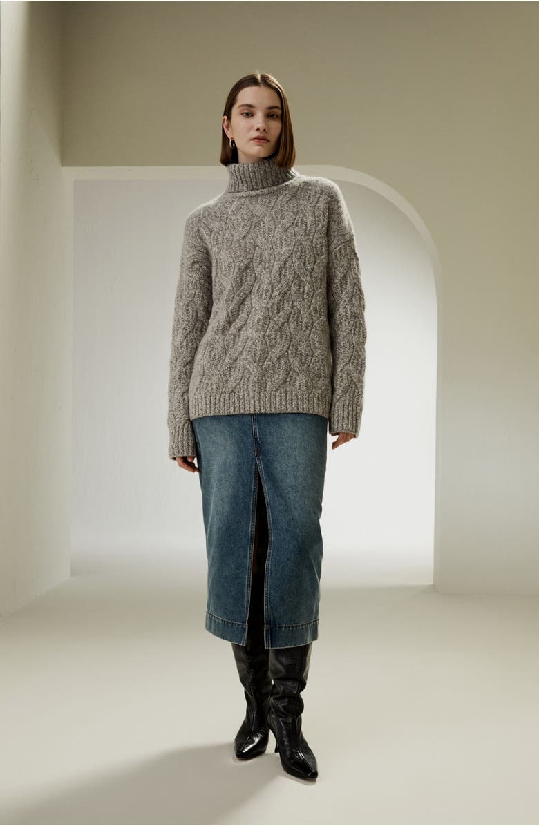 Lilysilk Women's Cable-Knit Cashmere Turtleneck Sweater, Alternate, color, Camel Gray