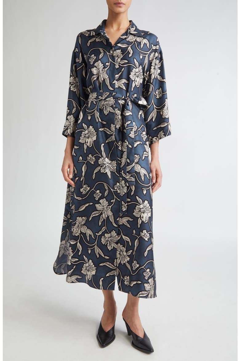 Peonia Print Silk Twill Shirtdress, Main, color, MIDNIGHT BLUE