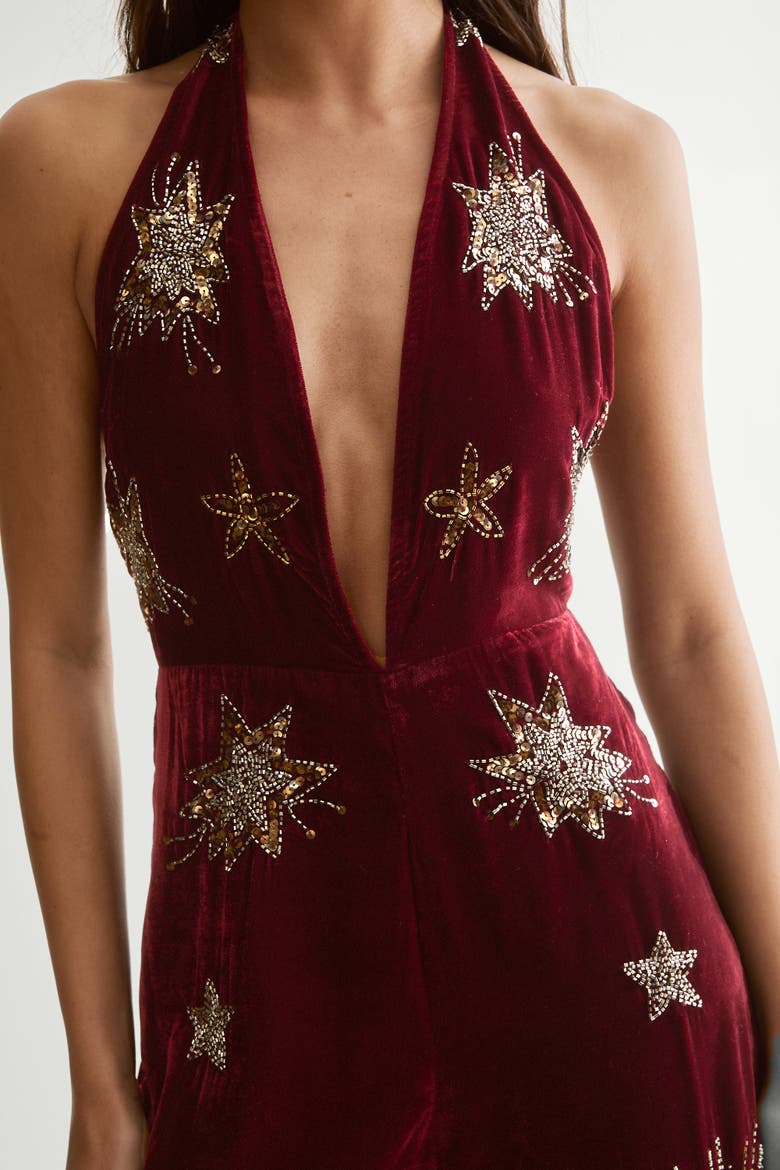 Star Embellished Velvet Halter Jumpsuit, Alternate, color, Wine