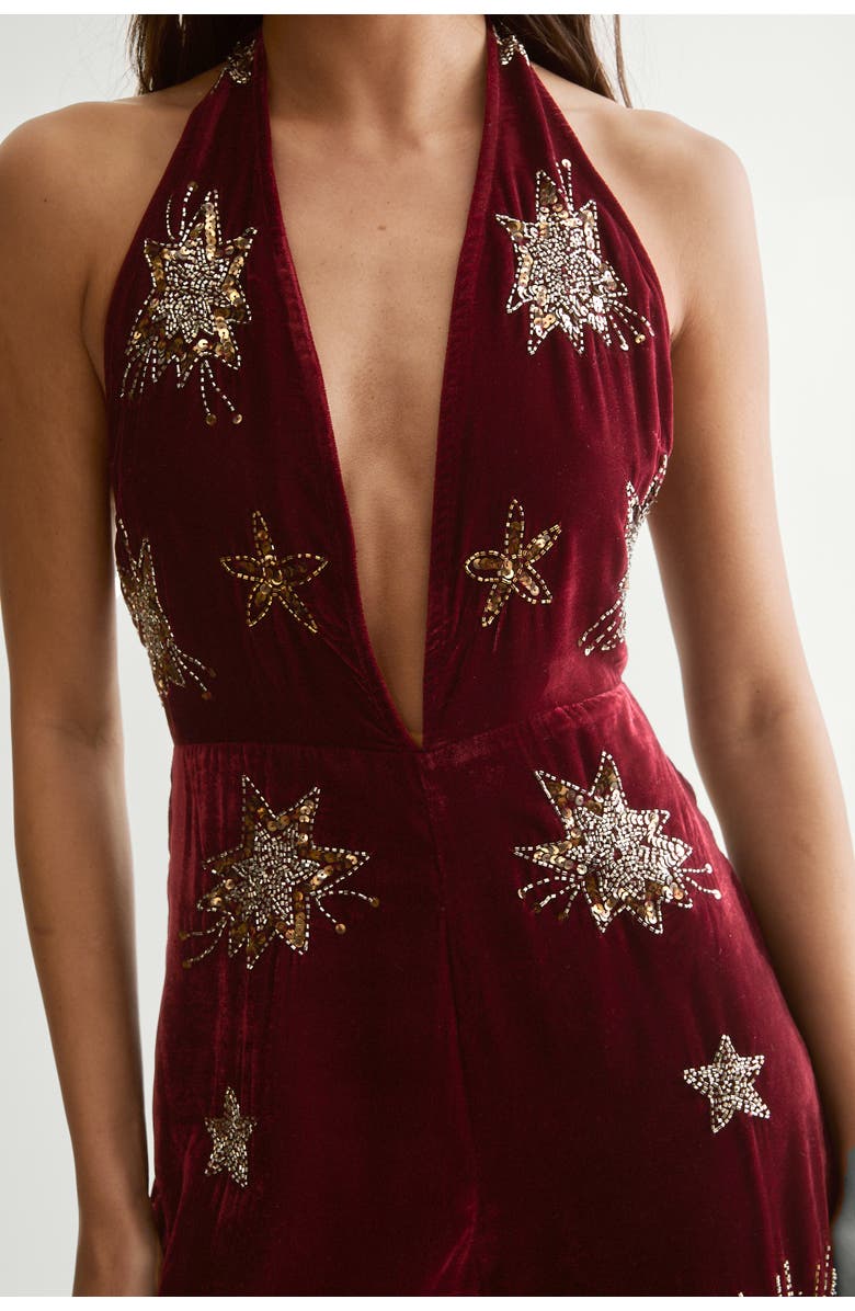 NASTY GAL Star Embellished Velvet Halter Jumpsuit, Alternate, color, Wine