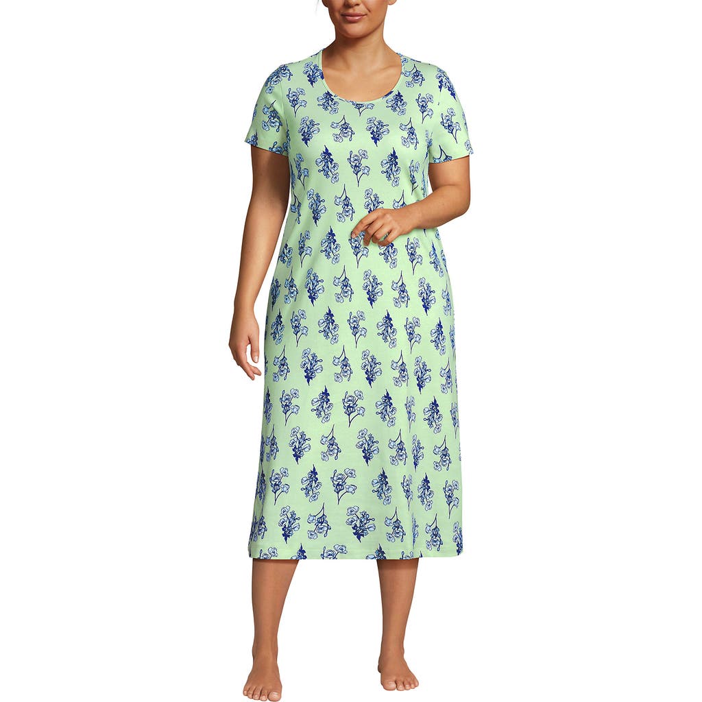 Lands' End Cotton Short Sleeve Midcalf Nightgown In Green