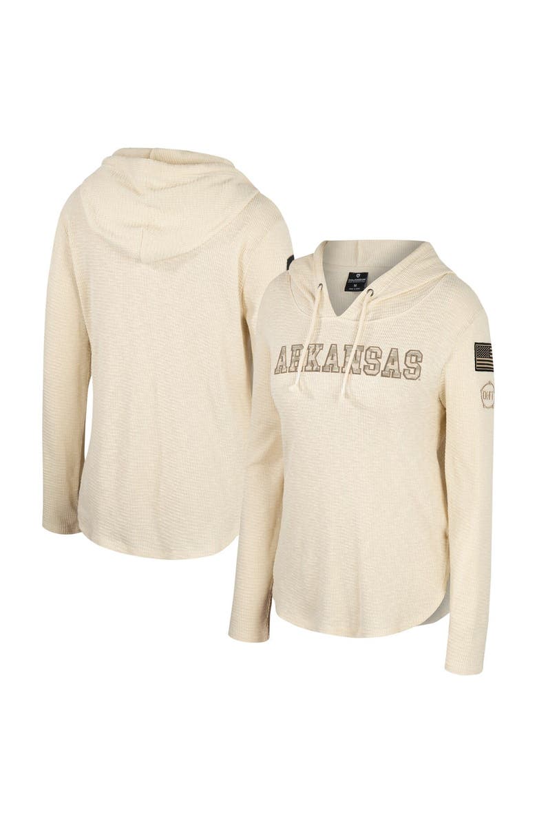 COLOSSEUM Women's Colosseum Cream Arkansas Razorbacks OHT Military Appreciation Casey Raglan Long Sleeve Hoodie T-Shirt, Main, color, Cream