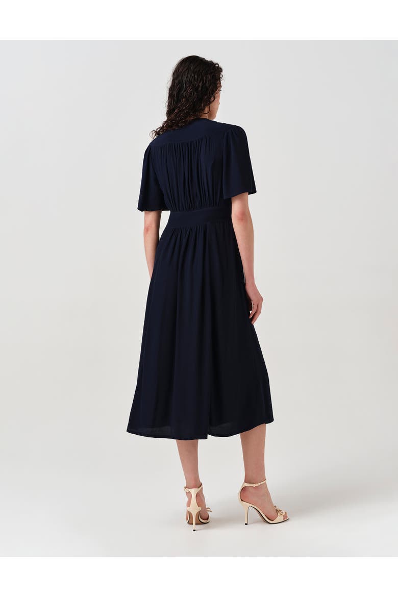 angel sleeve dress midi Yumi Blue Floral Ruched Waist Midi Dress With Angel Sleeves