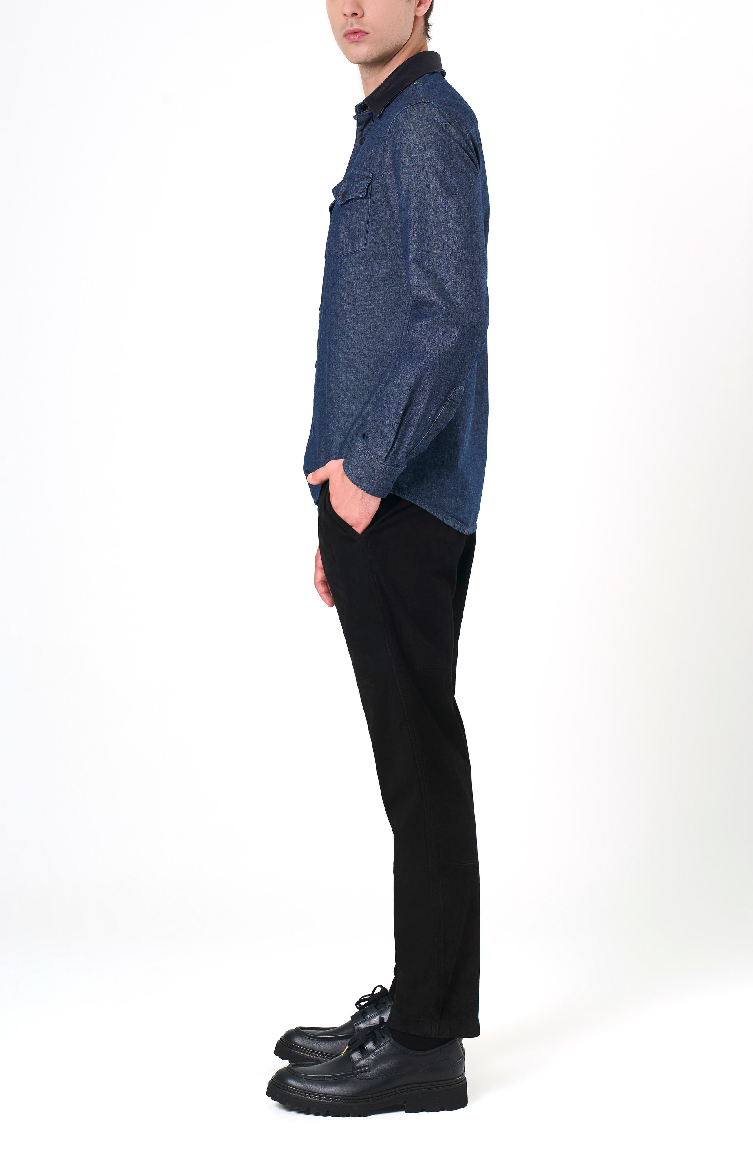Long-Sleeve Cotton Overshirt With Denim and Leather - image 4