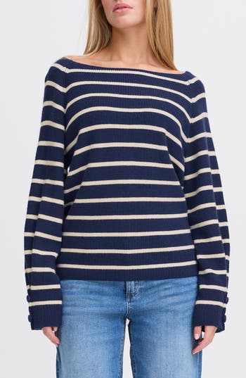 Ichi Striped Boat Neck Sweater In Birch With Black Stripe