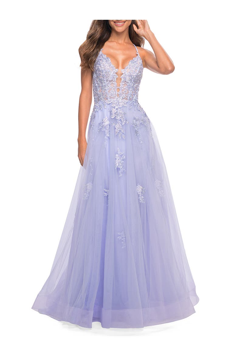 Tulle A-line Dress with Jeweled Lace Appliques, Main, color, Lilac Mist