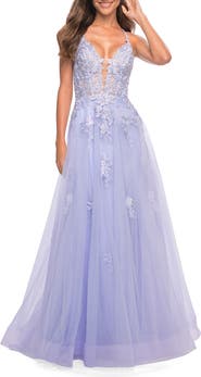La Femme Tulle A-line Dress with Jeweled Lace Appliques