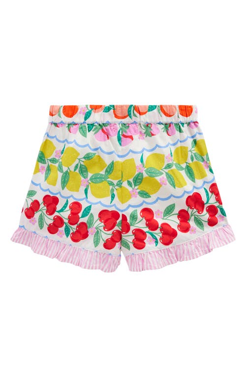 Shop Mini Boden Kids' Juniper Fruit Print Ruffle Cotton Hem Shorts In Rainbow Fruit Stripe