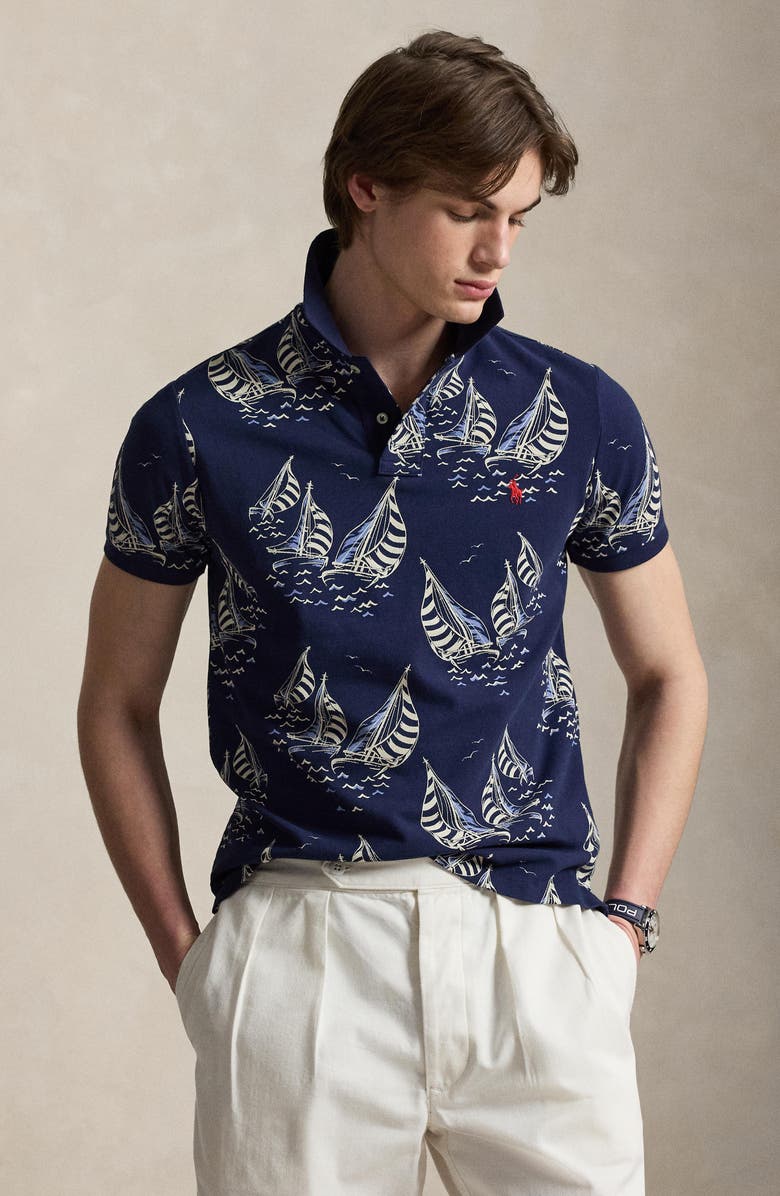 Polo Ralph Lauren Classic Fit Sailboat Cotton Mesh Polo, Alternate, color, Sailboat Race-Newport Navy