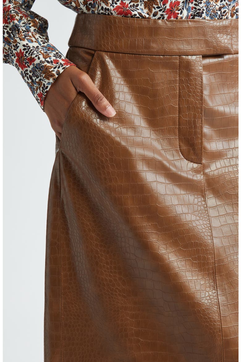 Ascher Croc Embossed Faux Leather Skirt, Alternate, color, DARK CAMEL