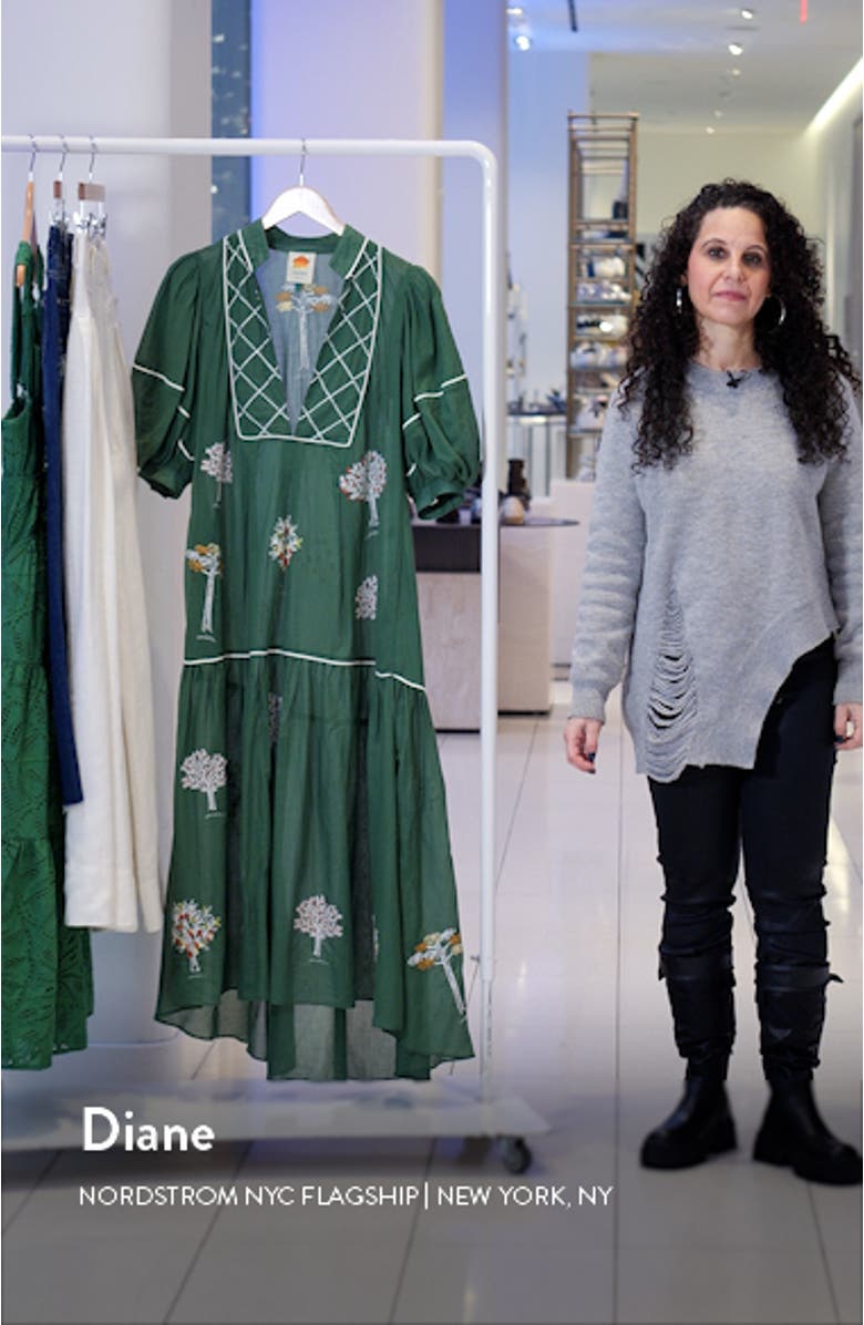 Embroidered Trees Puff Sleeve Organic Cotton Midi Dress, sales video thumbnail