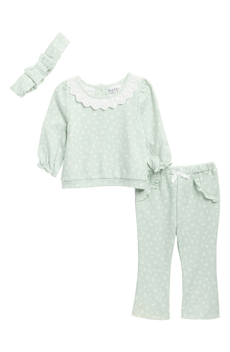 Nicole Miller Fleece Top, Pants & Headband Set, Main, color, Aqua Grey