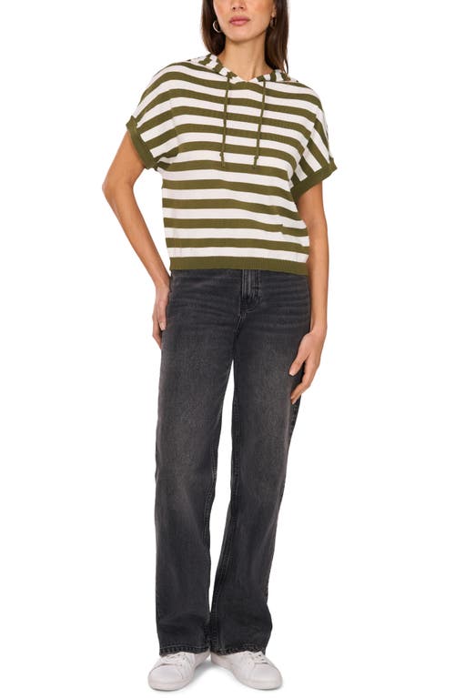 Vince Camuto Stripe Short Sleeve Hooded Sweater In Olive Oasis