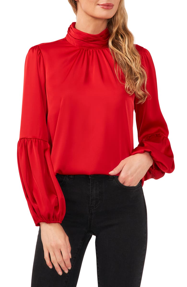 CeCe Mock Neck Blouson Sleeve Satin Top, Main, color, Stoplight Red