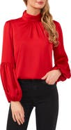 CeCe Mock Neck Blouson Sleeve Satin Top