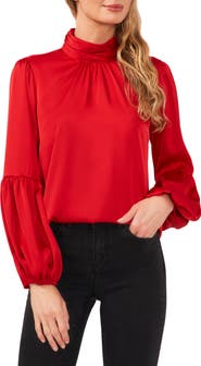 CeCe Mock Neck Blouson Sleeve Satin Top