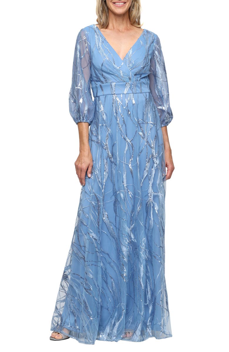 Alex Evenings Sequin A-Line Gown, Main, color, Skyblue