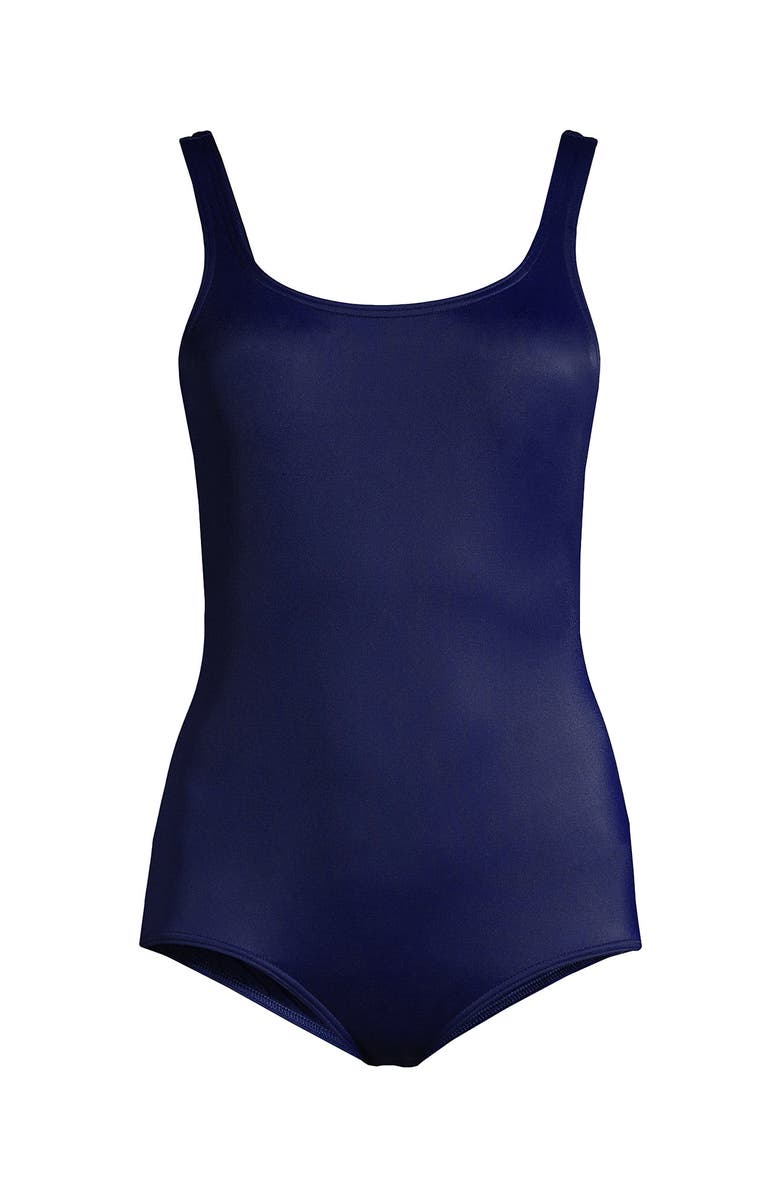 Lands' End D-Cup Chlorine Resistant Scoop Neck Soft Cup Tugless Sporty One Piece Swimsuit Print, Alternate, color, Deep Sea Navy