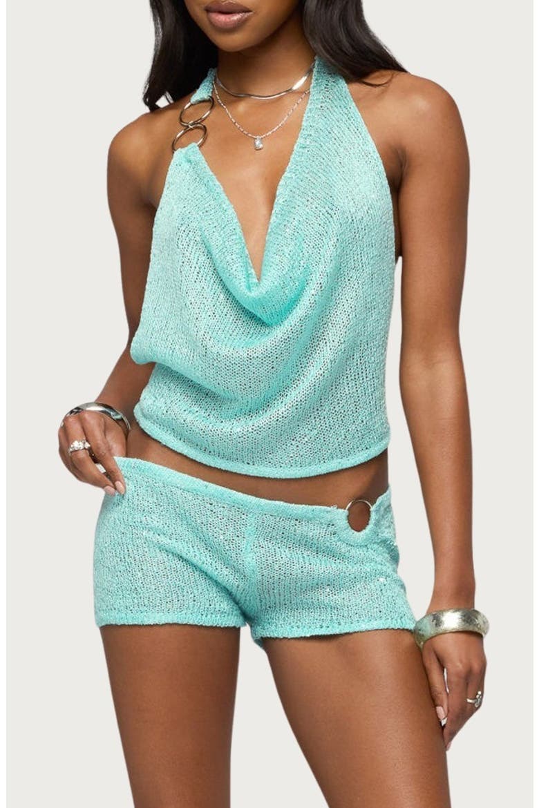 Sarina Sequin Knit Open Back Halter Top, Main, color, AQUA