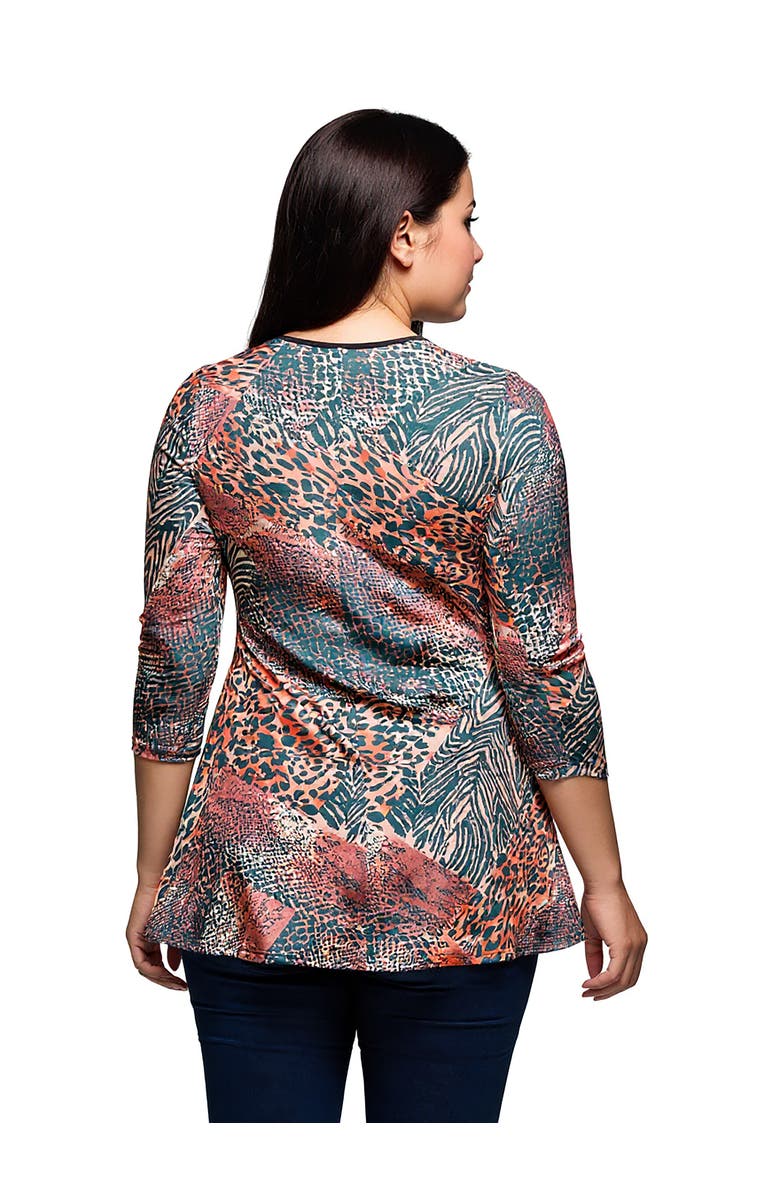 24seven Comfort Apparel Plus Size  Animal Print V Neck Three Quarter Sleeve Tunic Top, Alternate, color, Brown Multi