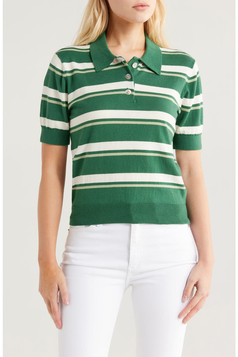 Drea Stripe Cotton Sweater Polo, Main, color, EMERALD STRIPE