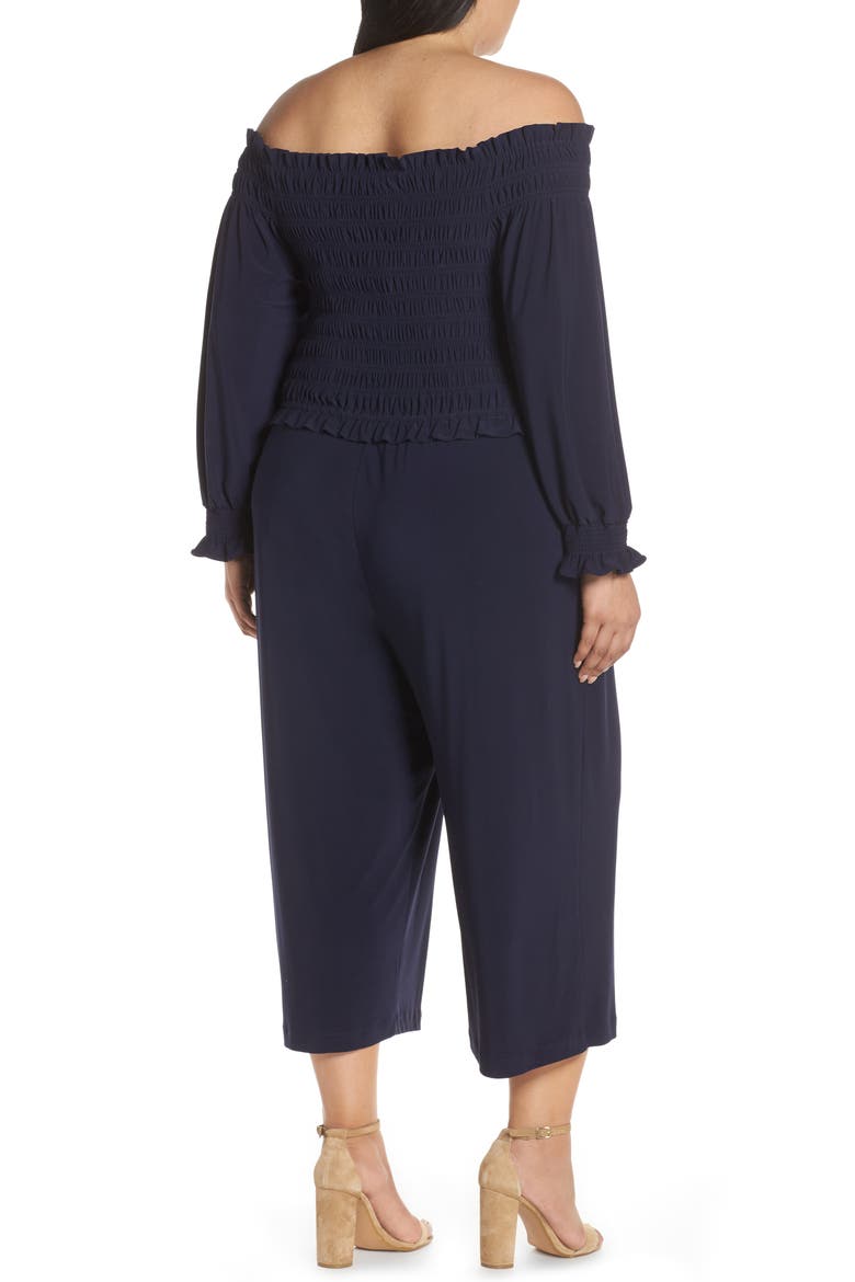 Long Sleeve Off the Shoulder Smocked Jumpsuit, Alternate, color, NAVY