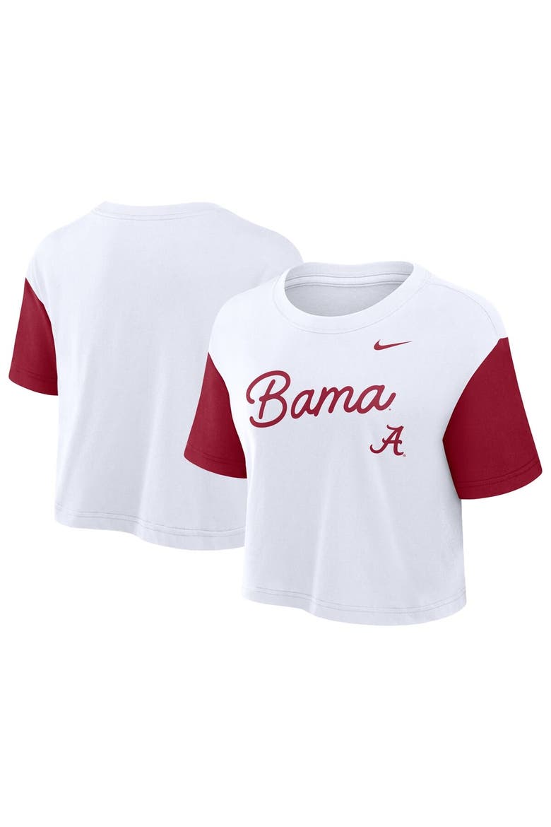 Women's Nike White/Crimson Alabama Crimson Tide Color-Block Script Performance Cropped T-Shirt, Alternate, color, White