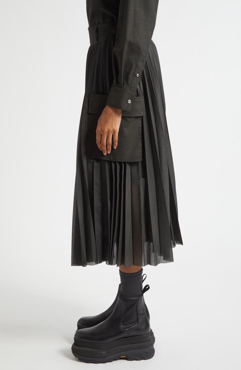 Sacai Glen Check Pleated Skirt, Alternate, color, Black/ Khaki