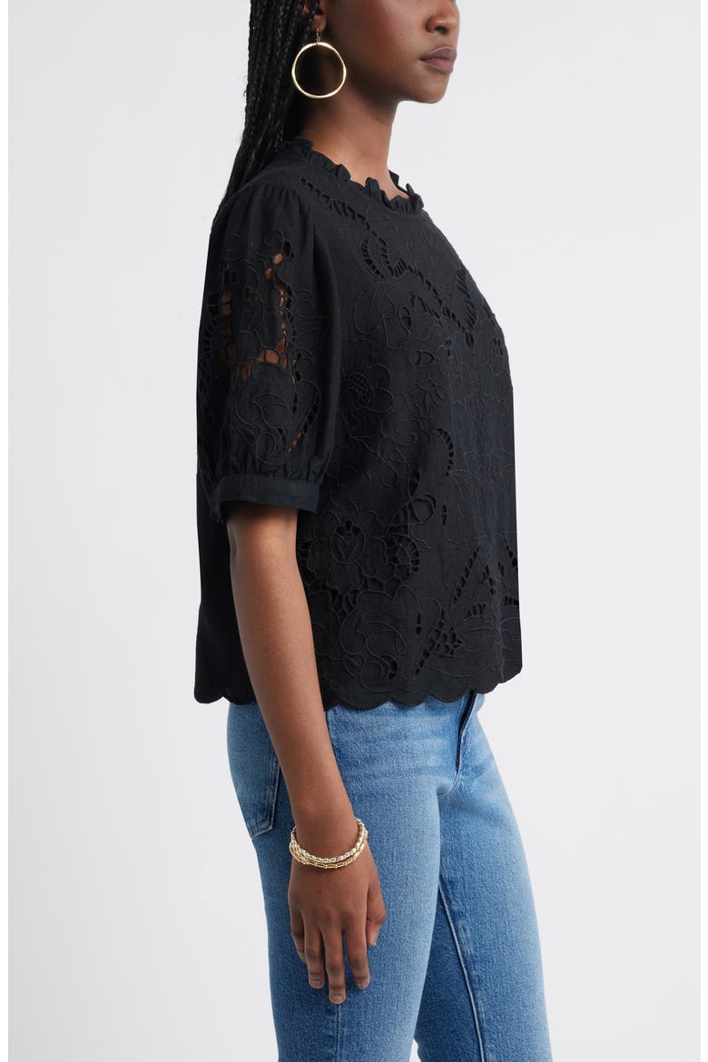 Embroidered Cutwork Puff Sleeve Linen Blend Top, Alternate, color, BLACK