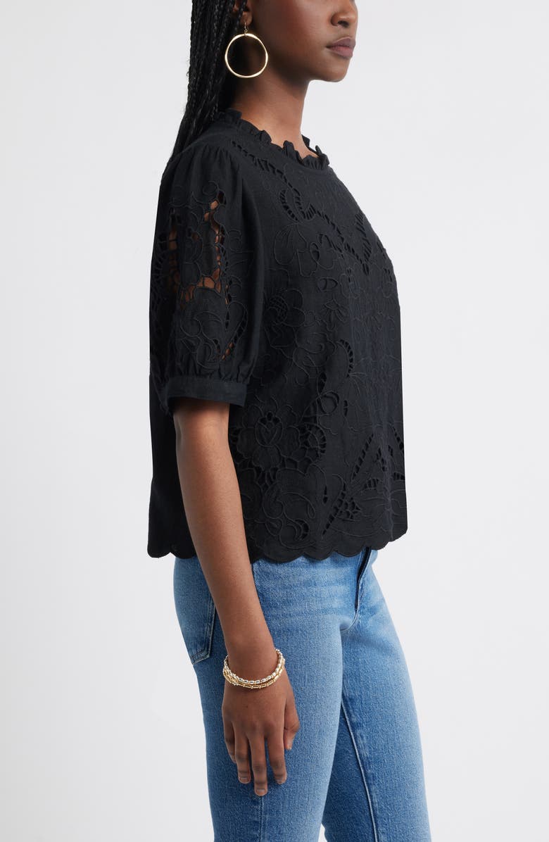 Treasure & Bond Embroidered Cutwork Puff Sleeve Linen Blend Top, Alternate, color,