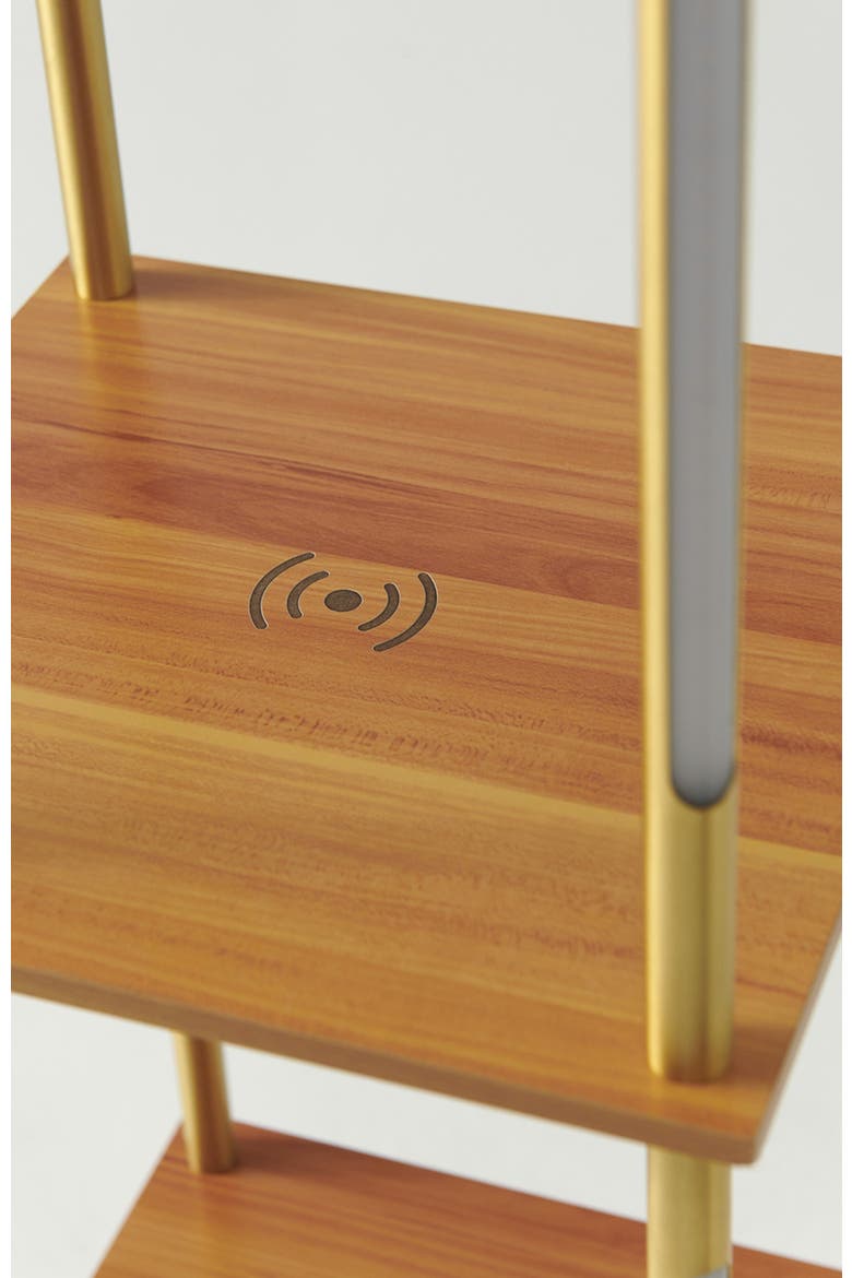 Aria 63" Touch LED Wood Shelf Floor Lamp with Wireless Charging Pad, Alternate, color, Antique Brass