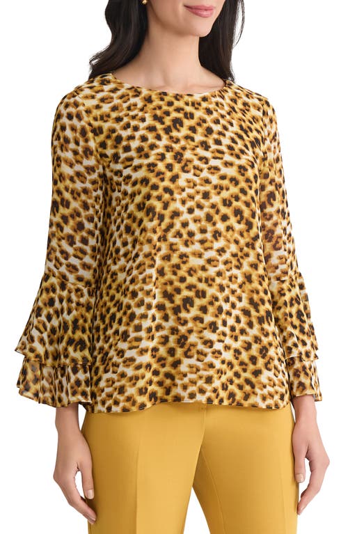 Kasper Tiered Ruffle Bell Sleeve Chiffon Top In Animal Print