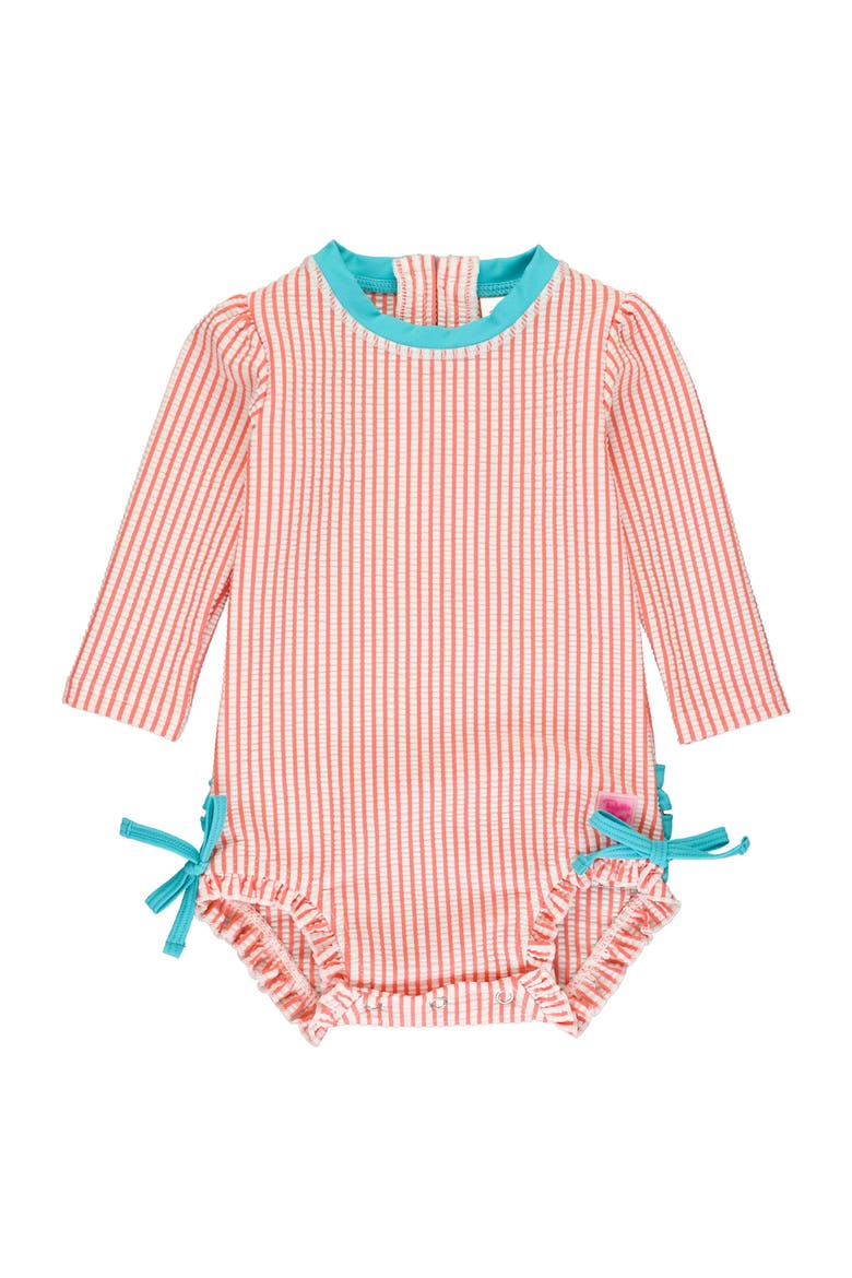Girls Seersucker Long Sleeve UPF50+ One Piece Rash Guard, Main, color, Coral Seersucker