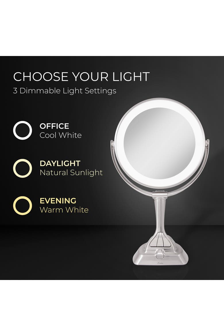 Lighted Makeup Mirror with 10X/1X Magnification & Smart Dim Controls, Alternate, color, Satin Nickel