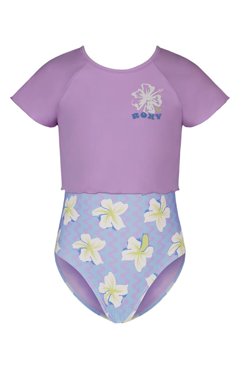 Roxy Kids' Party Waves UPF 50+ Cover-Up Shirt & One-Piece Swimsuit Set, Alternate, color, Crocus Petal