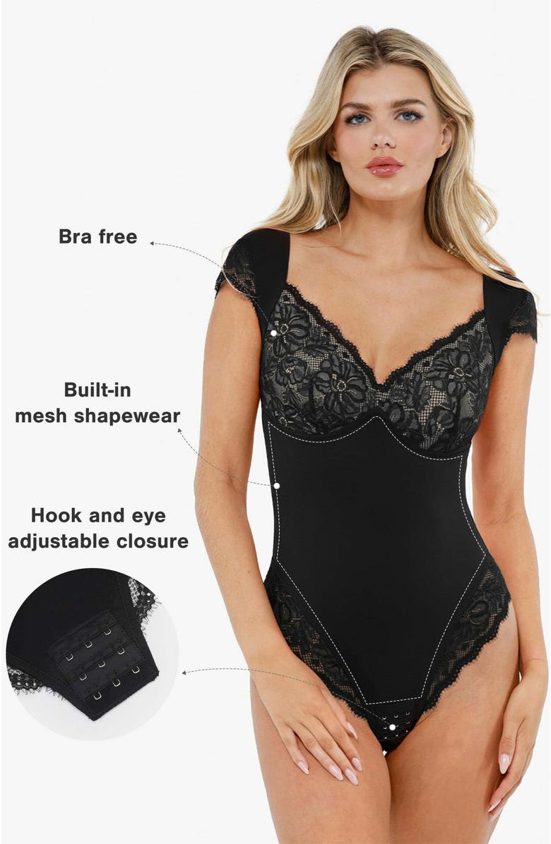 Popilush Shapewear Cap Sleeve Slimming Lace Cup Bodysuit, Alternate, color, Midnight Black