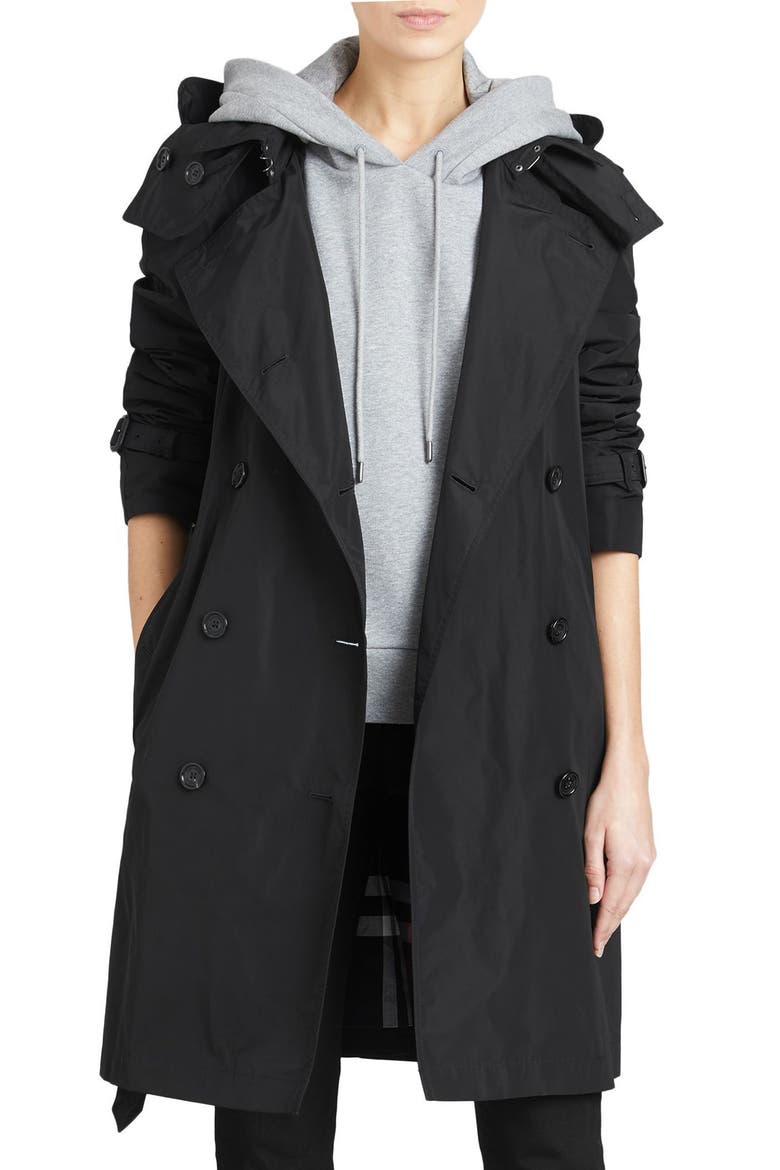 Amberford Taffeta Trench Coat with Detachable Hood, Main, color, BLACK