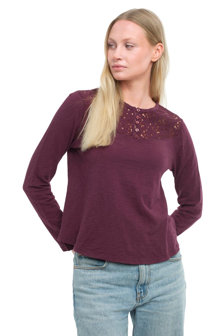 Lace Yoke Henley Tee, Alternate, color, Dark Fig