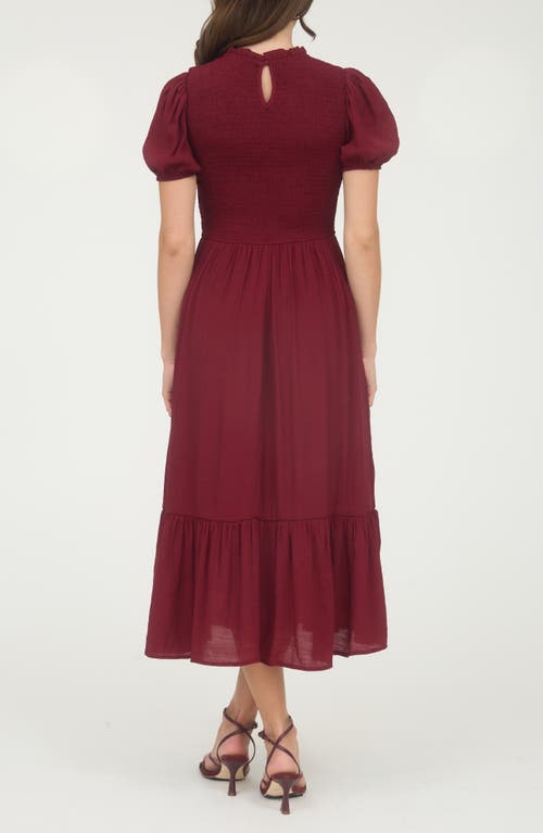 Blu Pepper Smocked Puffed Sleeve Midi Dress In Red