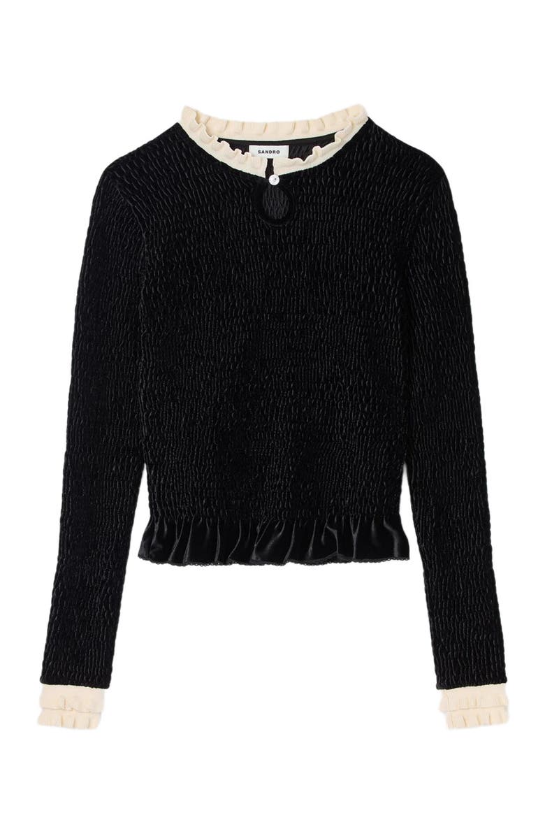 SANDRO Smocked long-sleeved shirt, Alternate, color, Black / Ecru