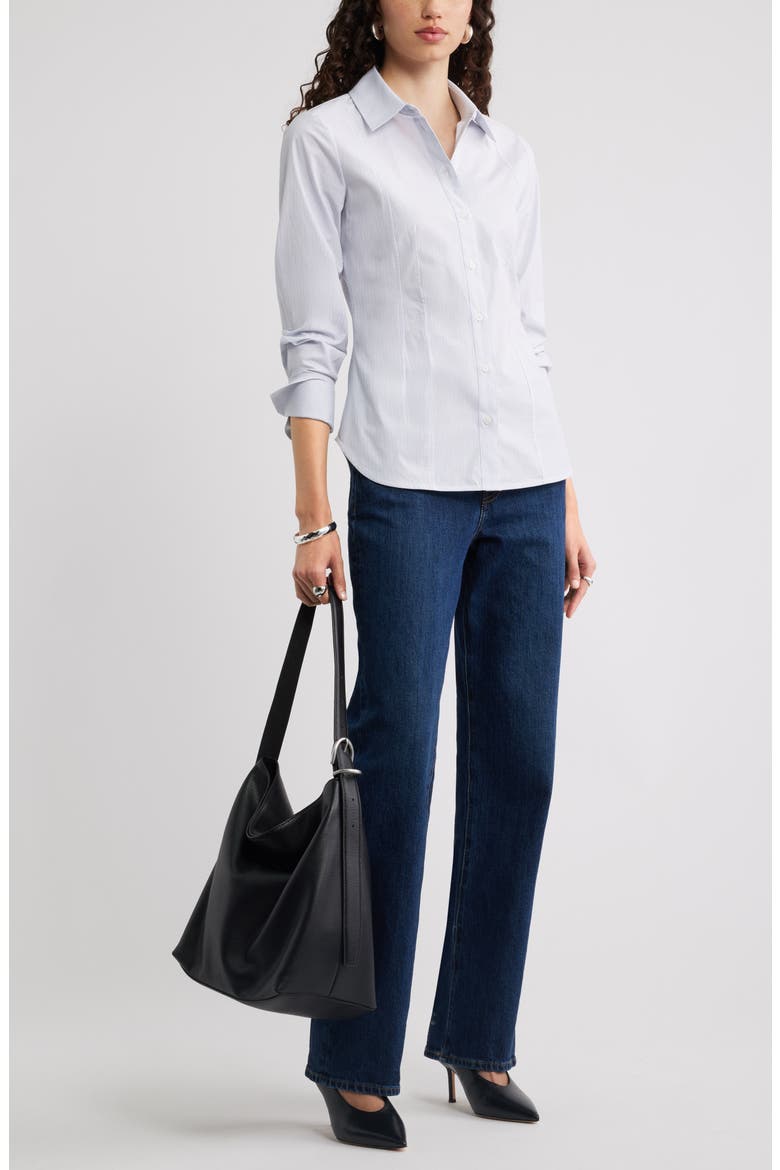 Poplin Waisted Button Down Shirt, Alternate, color, BLUE- WHITE STRIPE