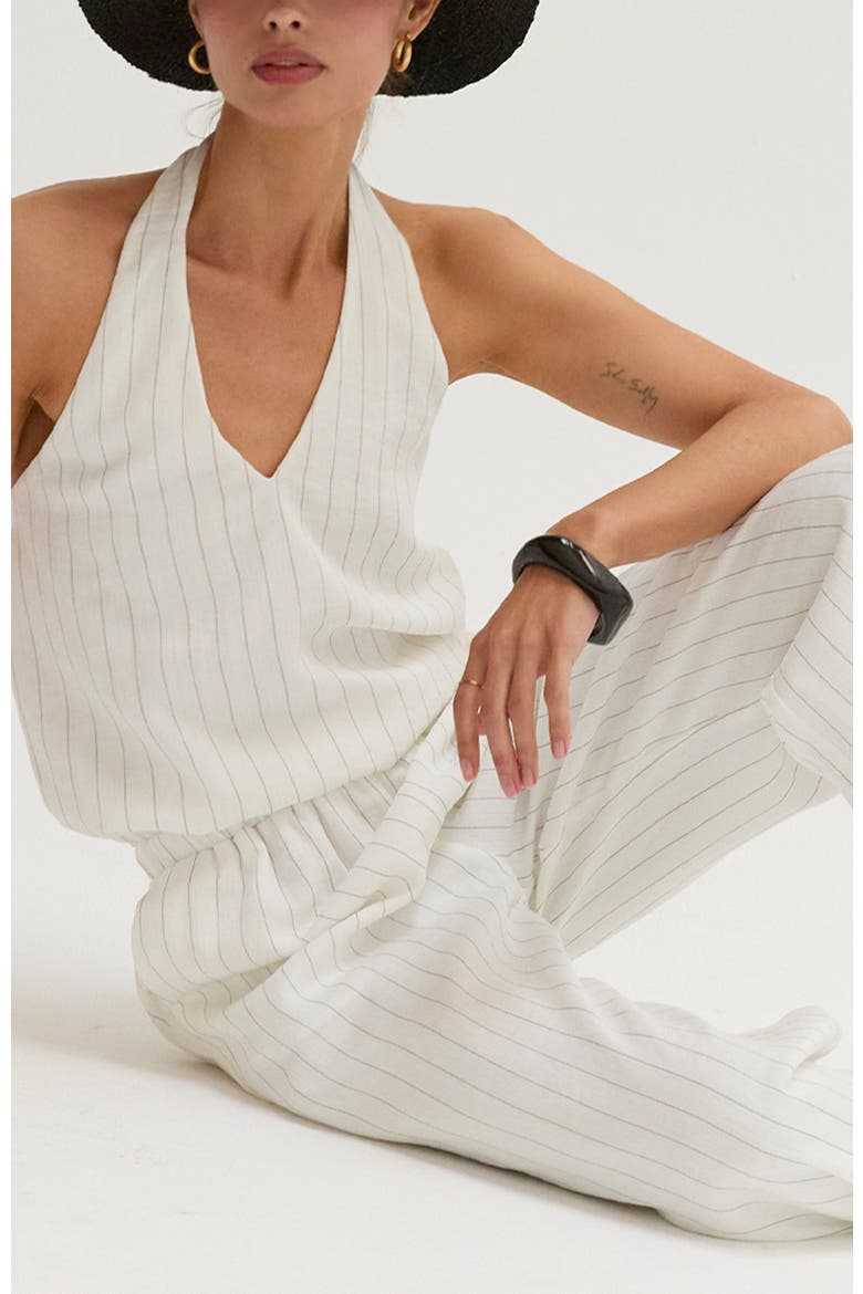 Pinstripe Halter Linen Blend Jumpsuit, Alternate, color, White