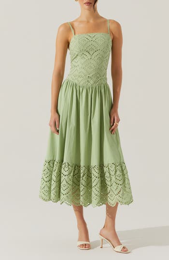 Astr The Label Nathalia Eyelet Embroidered Cotton Midi Dress In Green