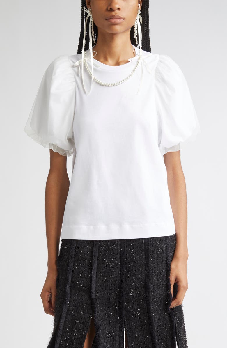 Simone Rocha Tulle Overlay Puff Sleeve T-Shirt with Faux Pearl Trim, Main, color, White/ Pearl