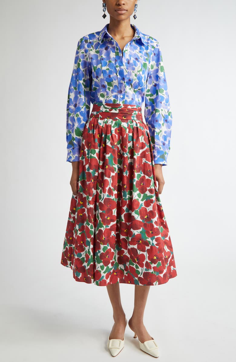 Carolina Herrera Floral Cummerbund Stretch Cotton Midi Skirt, Alternate, color,