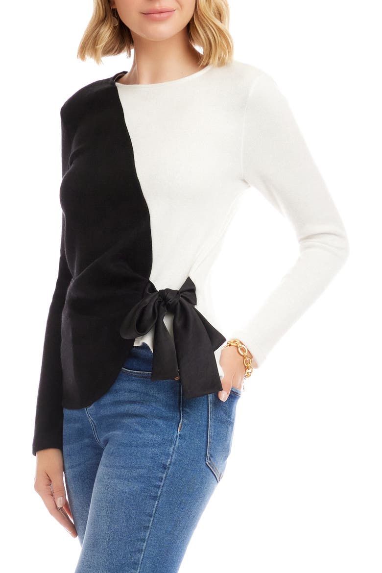 Colorblock Satin Bow Crossover Hem Knit Top, Alternate, color, BLACK/ IVORY