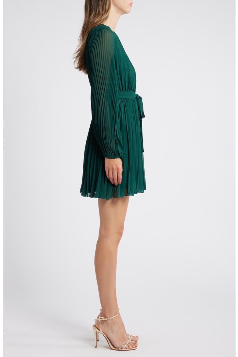 Tie Belt Long Sleeve Plissé Minidress, Alternate, color, HUNTER