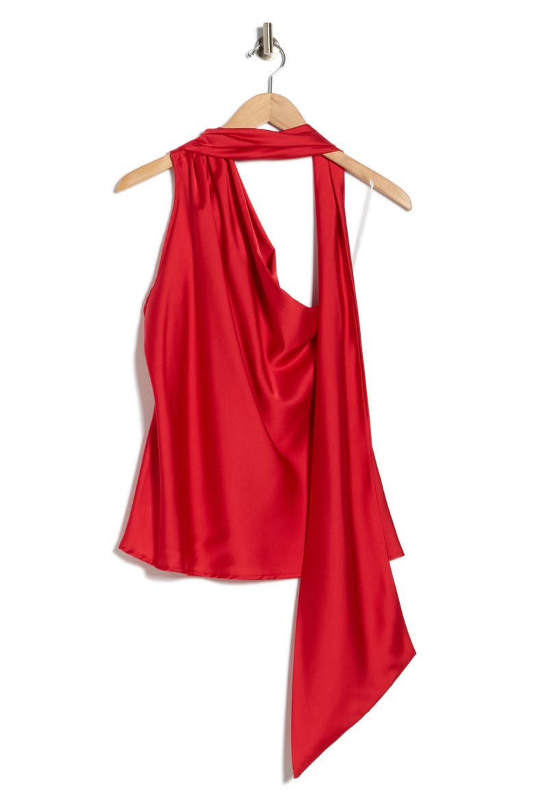 Scarf Detail One-Shoulder Satin Top, Alternate, color, RED