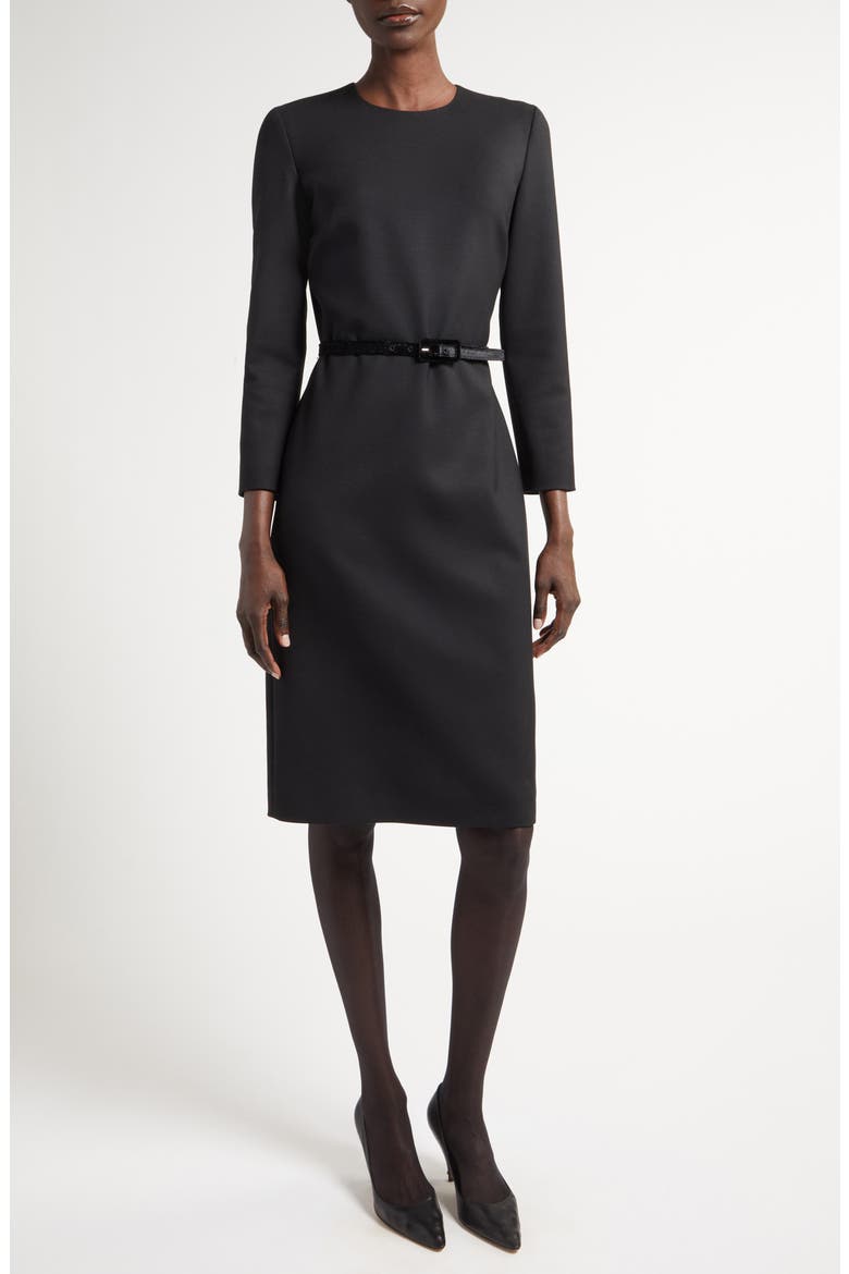 Angeline Belted Double Face Stretch Wool Sheath Dress, Main, color, BLACK